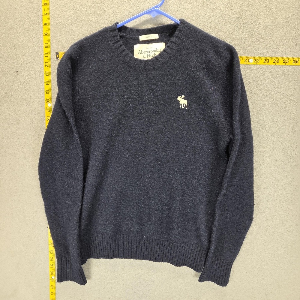Abercrombie & Fitch Sweater Mens XL Blue 100% Wool Crewneck Knit Moose Logo